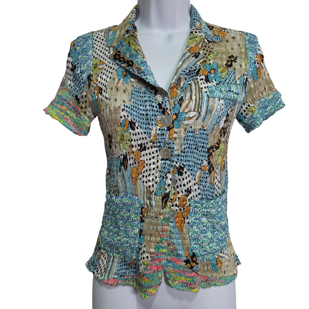 Vintage Alberto Makali Mixed Media‎ Floral Polka Dot Colorful Collared Blouse S